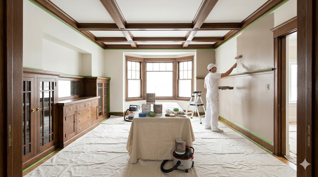 Fortune Restoration painter rolling a wall in a coffered-ceiling room with oak built-ins — interior painting in Oak Park
