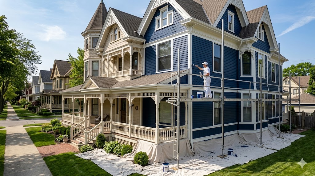 Painter on scaffolding applies navy paint to a Victorian Painted Lady - Fortune Restoration exterior painting in Oak Park