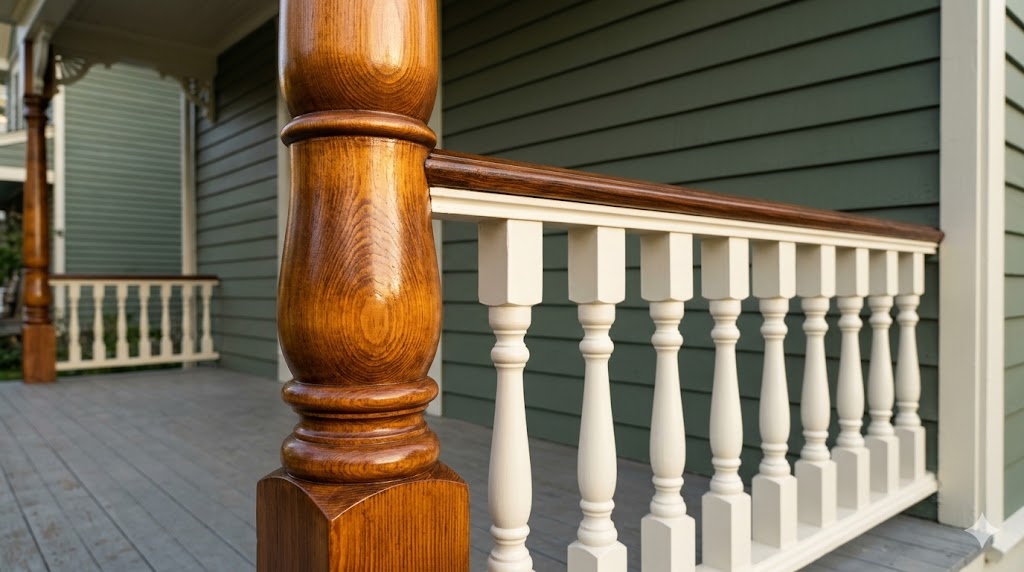 Restored wood porch column and white turned balusters on a historic sage-green home
