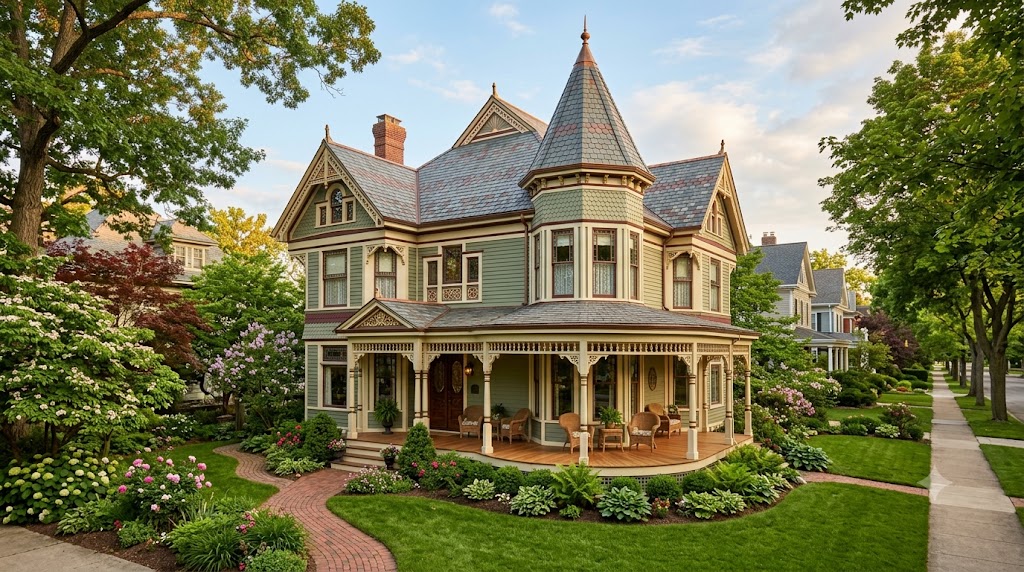 Restored Queen Anne Victorian home with a turret and wraparound porch on an Evanston street