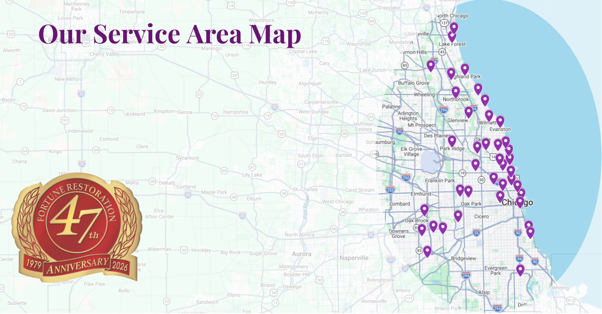 Fortune Restoration service area map covering Chicago, the North Shore, Evanston, Oak Park, Naperville, and Hinsdale