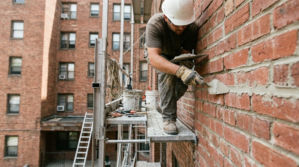 Mason on scaffolding repointing mortar joints on a multi-unit brick apartment building