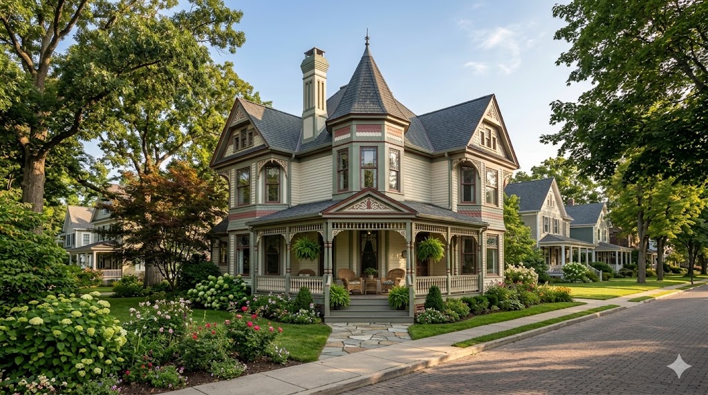 Restored Queen Anne Victorian home with a turret and wraparound porch on a tree-lined North Shore street