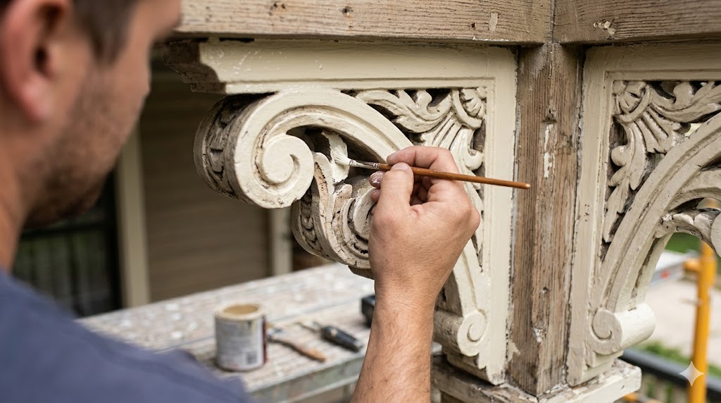 Painter restoring an ornate Victorian wood corbel with a fine brush — Fortune Restoration historic trim work in Oak Park