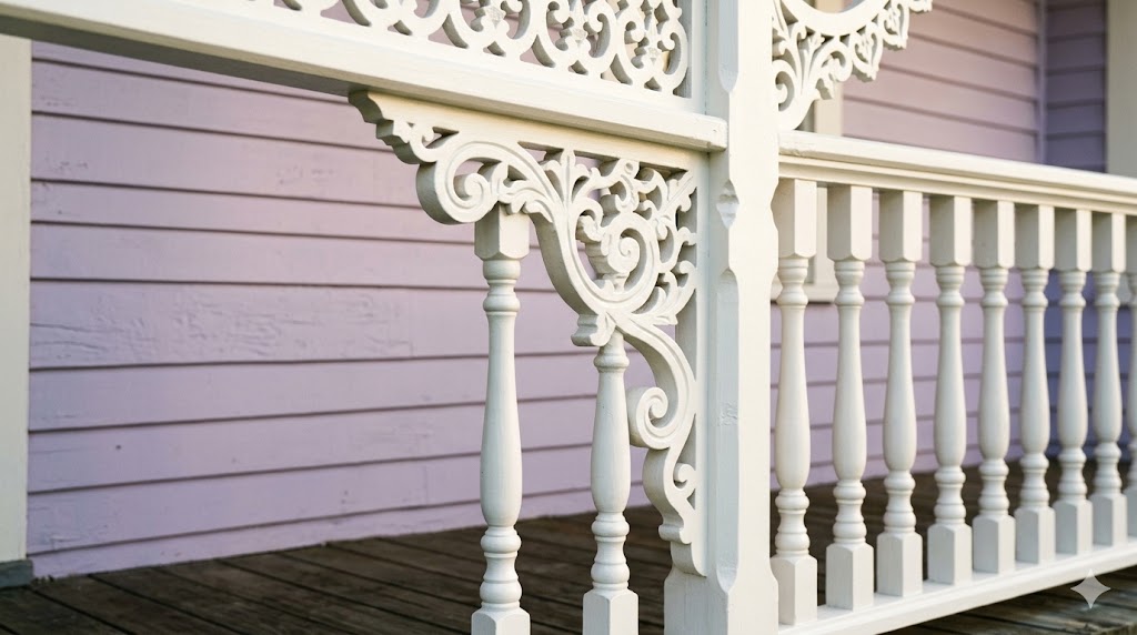 Restored white Victorian porch woodwork with scrollwork brackets and turned spindles on a lavender clapboard cottage