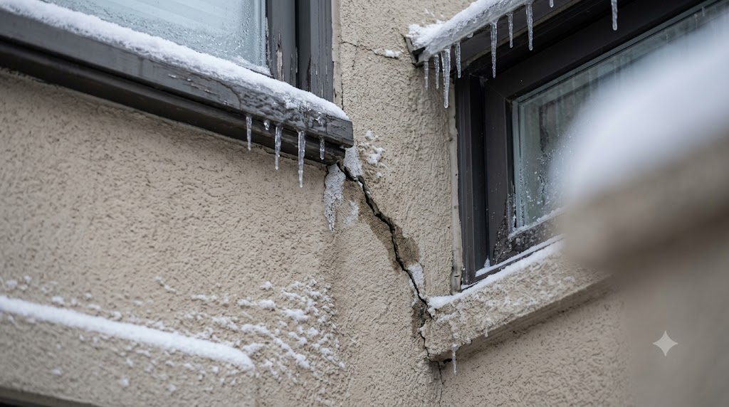 Diagonal stucco crack near a window caused by winter freeze-thaw cycles