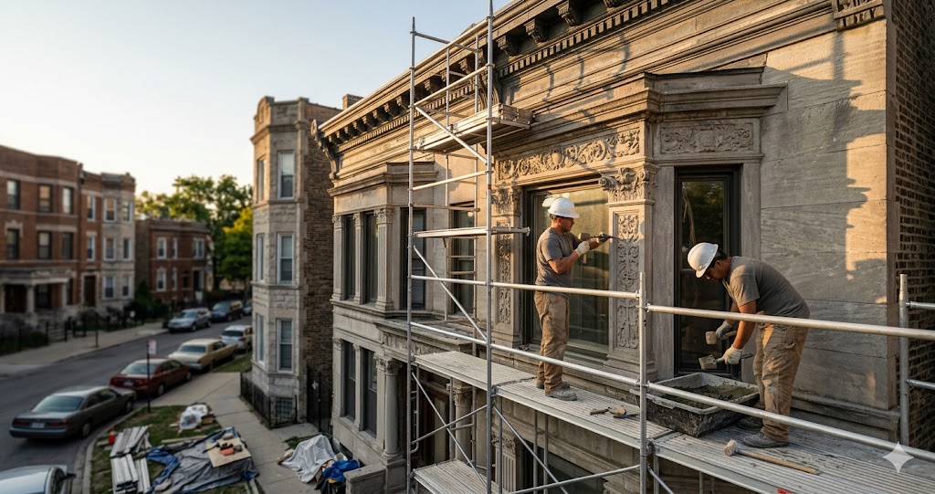 Fortune Restoration masons on scaffolding repairing a historic Chicago greystone facade at golden hour