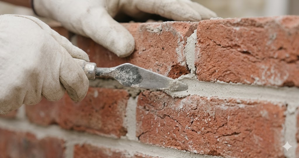 Mason pressing fresh lime mortar into historic red brick joints during tuckpointing, Fortune Restoration