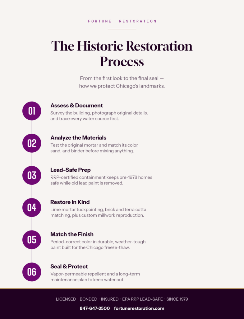 Infographic of Fortune Restoration's six-step historic restoration process from assessment to sealing