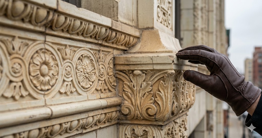 Gloved hand inspecting glazed cream terra cotta floral ornament on a historic Chicago facade, Fortune Restoration