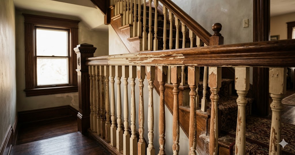 Historic oak staircase baluster mid-restoration with old paint stripped to bare wood, Fortune Restoration