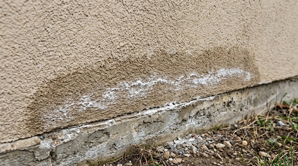 Efflorescence and water damage on stucco near the foundation of a Chicago home