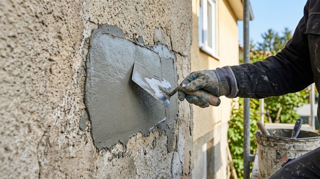 Contractor troweling a fresh stucco patch onto a cracked exterior wall