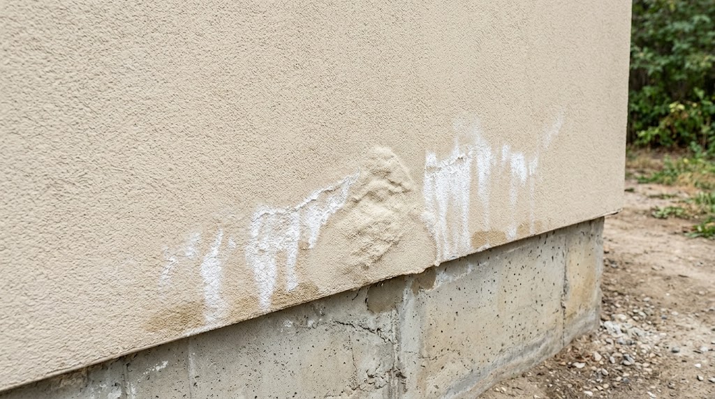 White efflorescence stains and water damage at the base of a stucco exterior wall