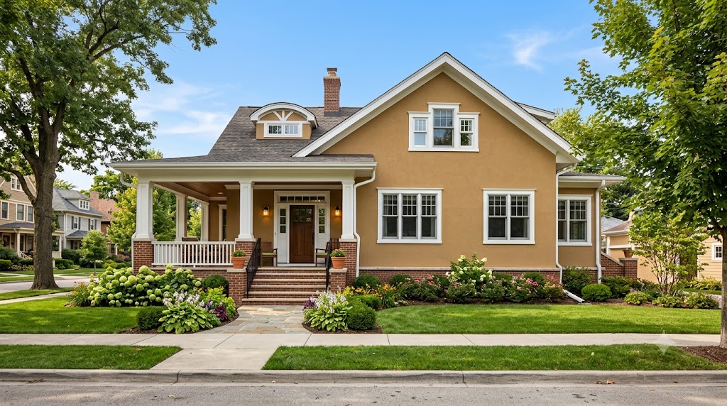 Restored tan stucco bungalow with white trim in a Chicago North Shore neighborhood