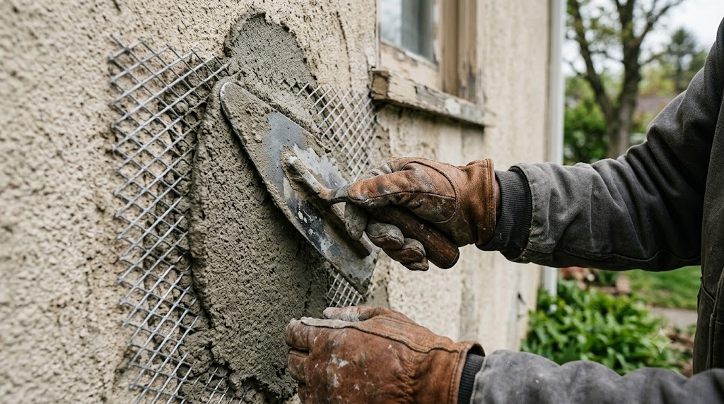 Mason applying a fresh scratch coat of stucco over metal lath