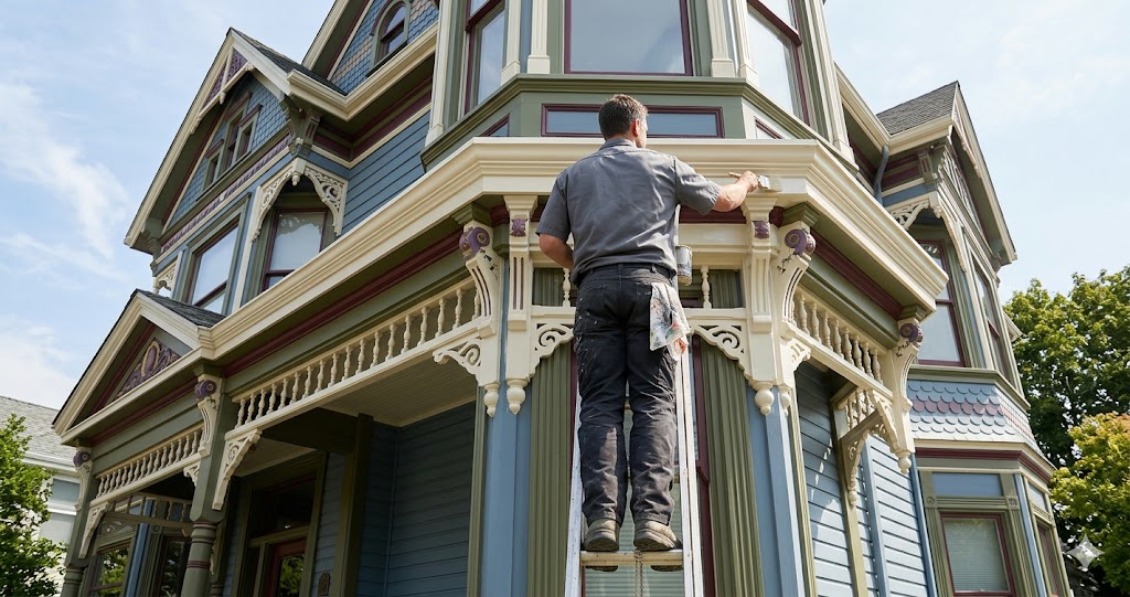 Painter restoring carved trim on a Victorian Painted Lady home exterior, Fortune Restoration house painting