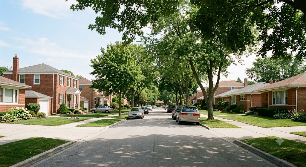 Tree-lined Lincolnwood street with postwar brick Georgian and ranch homes under mature parkway trees