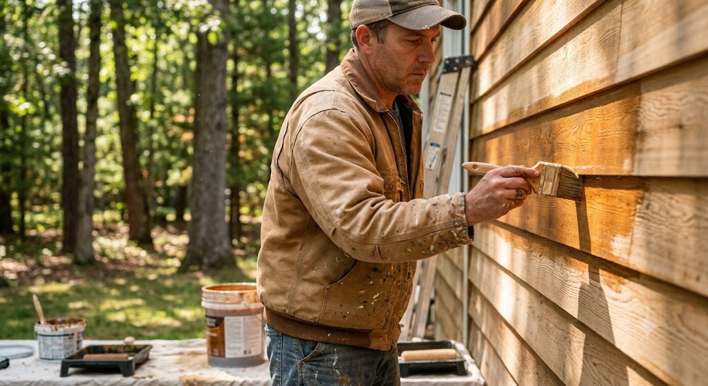 Painter applying finish to cedar siding on a Lincolnshire home surrounded by mature trees