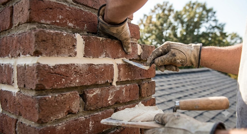 Mason repointing mortar joints on a brick chimney of a historic Highland Park, IL home