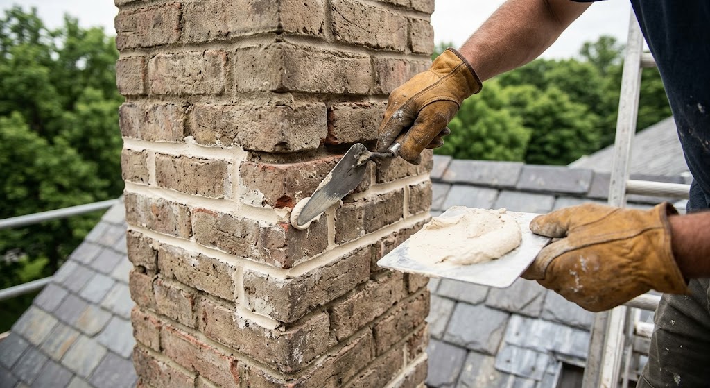 Mason repointing lime mortar joints on a brick chimney of a historic Winnetka, IL estate home