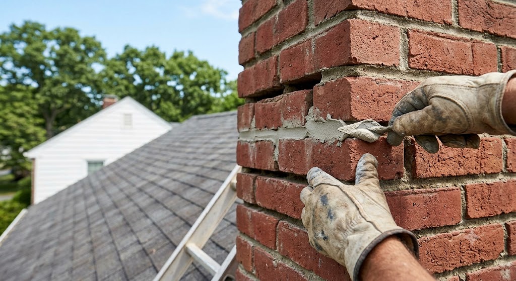 Mason repairing mortar joints on the brick chimney of a postwar colonial home in Deerfield, IL