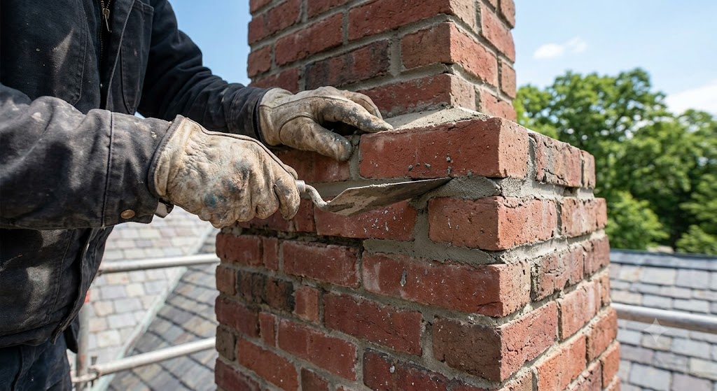 Mason pressing fresh mortar into brick chimney joints on an estate home in Burr Ridge, IL