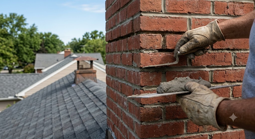 Mason repointing mortar joints on the brick chimney of a postwar Glenview, IL colonial home