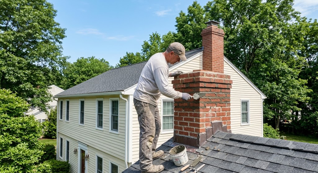 Mason repointing mortar joints on a brick chimney of a two-story Lincolnshire colonial home