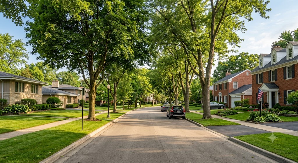 Brick colonial and split-level homes on a tree-lined residential street in Glenview, IL