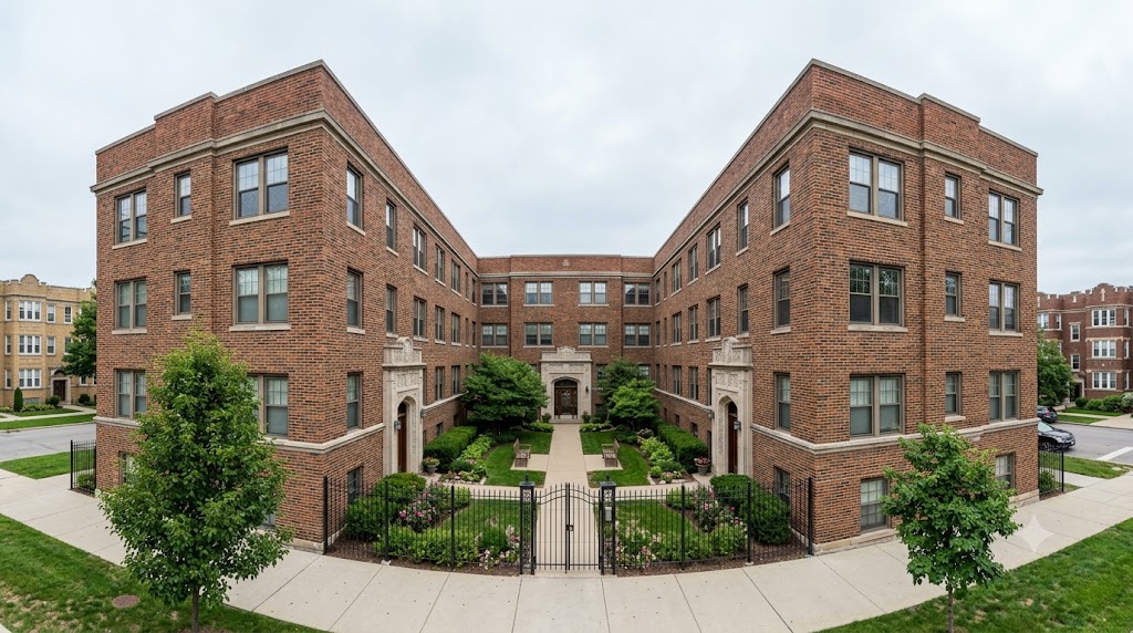 Vintage brick courtyard co-op building with limestone entry and parapet roofline in Hyde Park Chicago