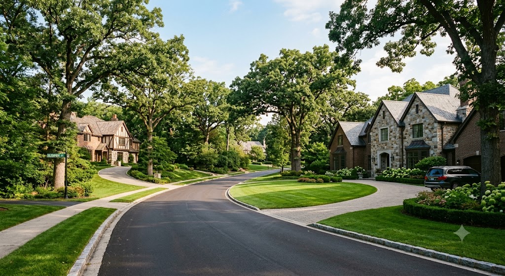 Large brick and stone estate homes on wooded one-acre lots along a rolling street in Burr Ridge, IL