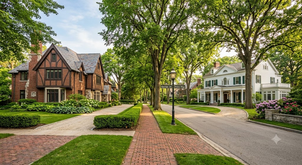 Historic Tudor and Georgian estate homes on a tree-lined street in Winnetka, IL
