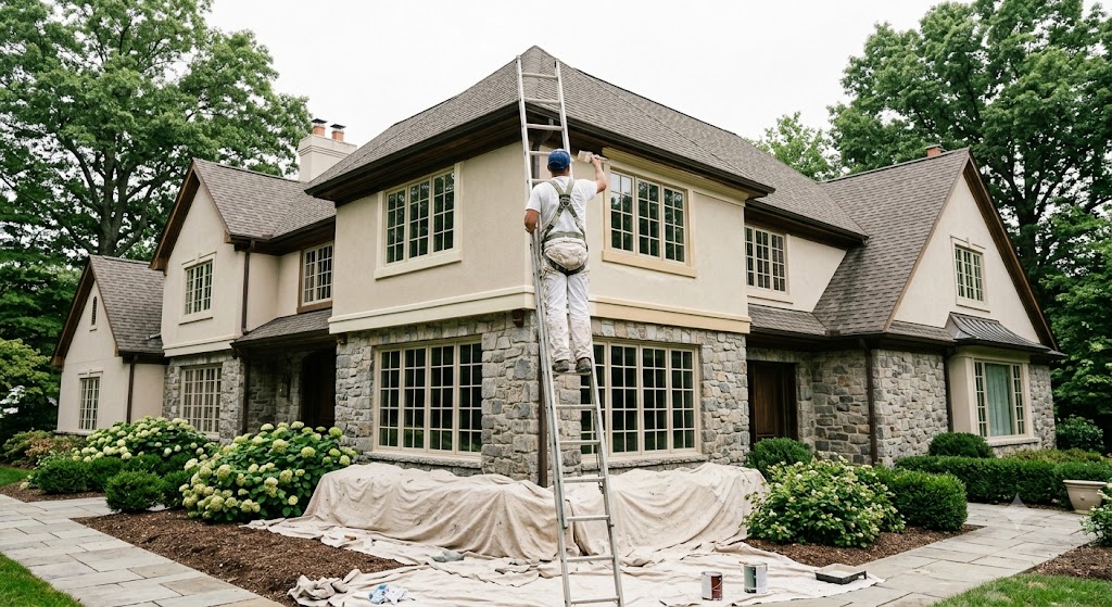 Painter on a ladder finishing trim on a large stucco and stone home in Burr Ridge, IL