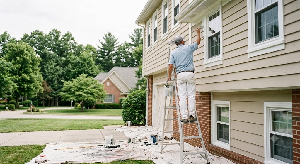 Painter applying fresh trim paint to a two-story home on a wooded lot in Glenview, IL