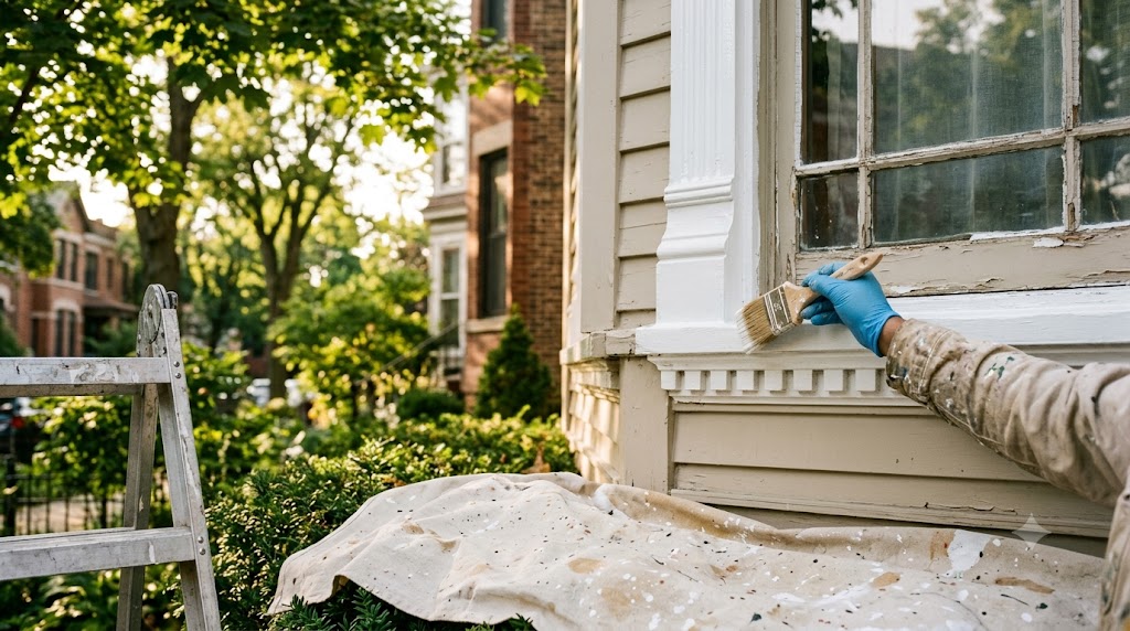 Painter applying fresh paint to Victorian wood trim on a vintage Lakeview Chicago home
