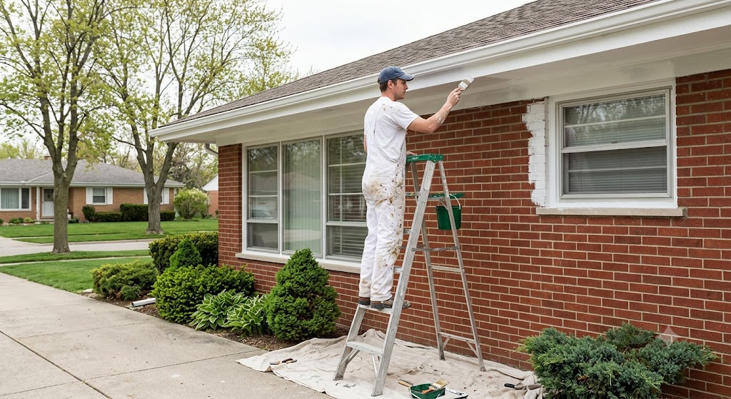 Painter applying fresh white paint to wood trim and soffits of a brick Lincolnwood home