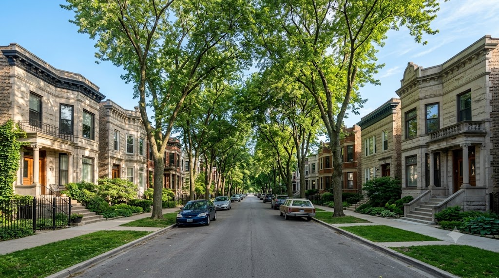 Limestone greystones and brick rowhouses on a tree-lined Hyde Park Chicago residential street