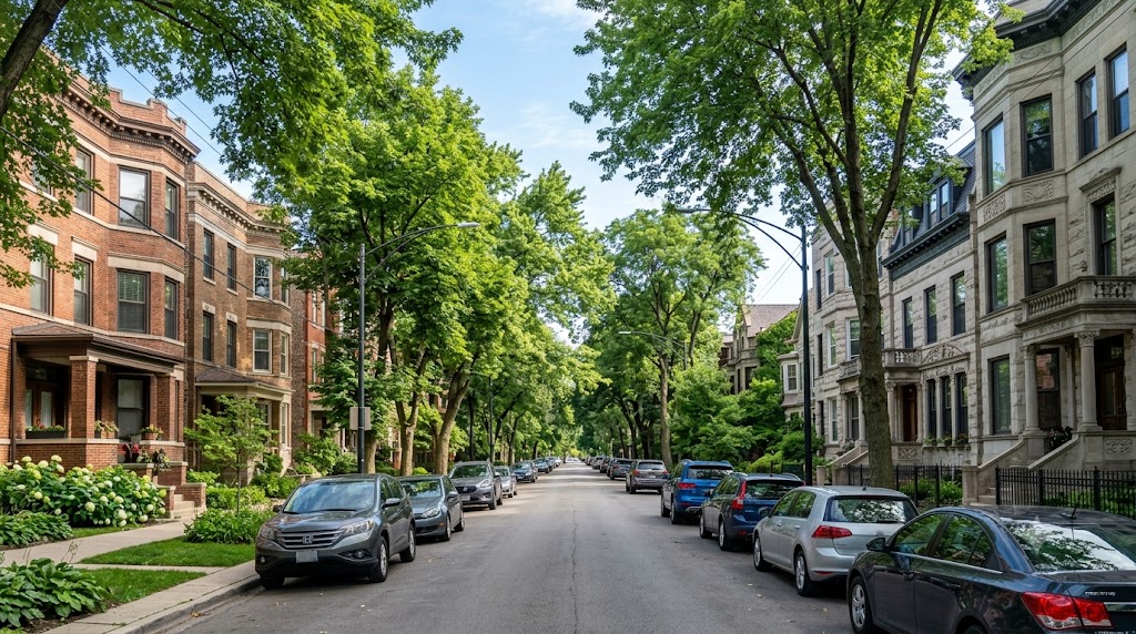 Tree-lined Lakeview Chicago street with vintage greystones and brick two-flats under mature parkway trees
