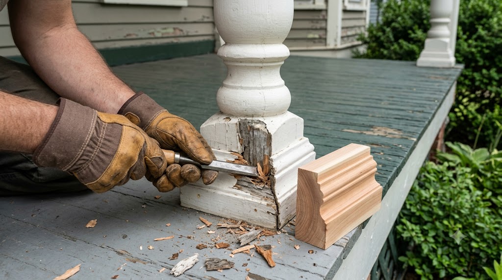 Carpenter restoring a rotted wood porch column on a Victorian home in Wicker Park Chicago