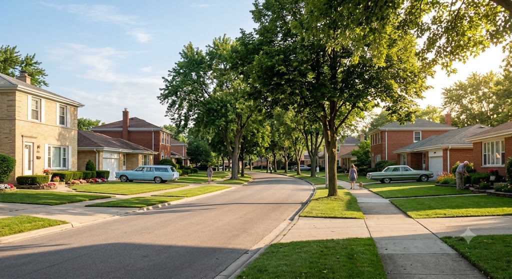 Postwar brick and frame homes on a tree-lined residential street in Deerfield, IL