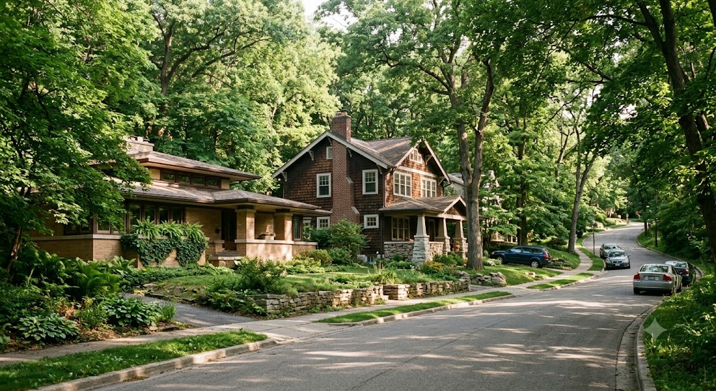 Prairie style and historic homes on a wooded ravine street in Highland Park, IL
