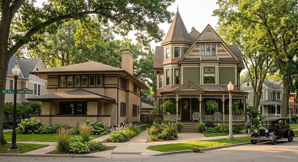 Prairie style and Victorian homes along a tree-lined residential street in Oak Park, IL