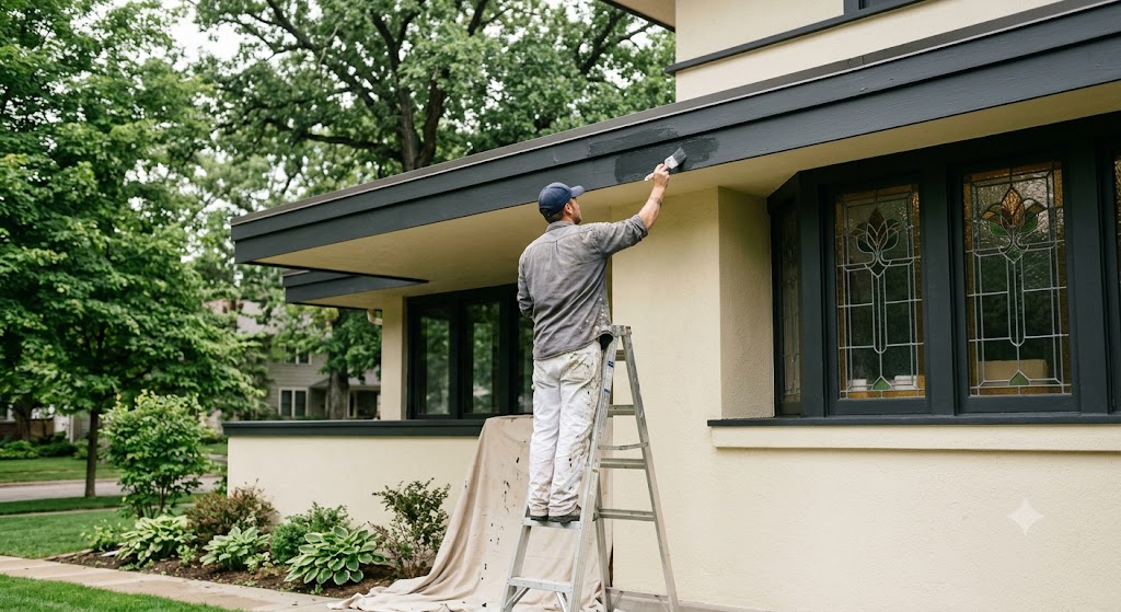 Painter restoring deep eave trim on a Prairie style home in Highland Park, IL