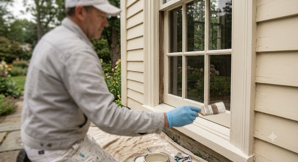 Painter restoring window trim detail on a historic estate home in Winnetka, IL