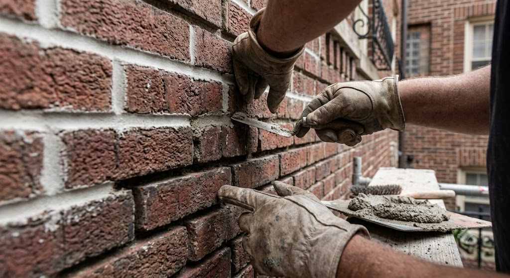 Mason repointing mortar joints on a vintage brick courtyard apartment building in Oak Park, IL