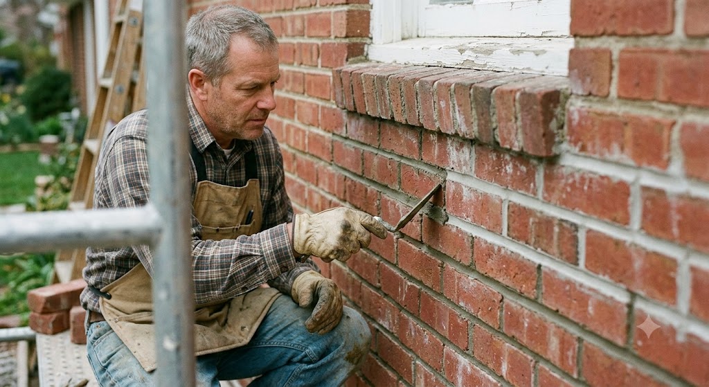 Mason repointing mortar joints on the brick facade of a postwar Lincolnwood Georgian home