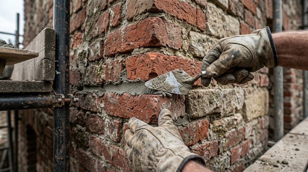 Mason repointing weathered lime mortar joints on a vintage brick rowhouse in Hyde Park Chicago