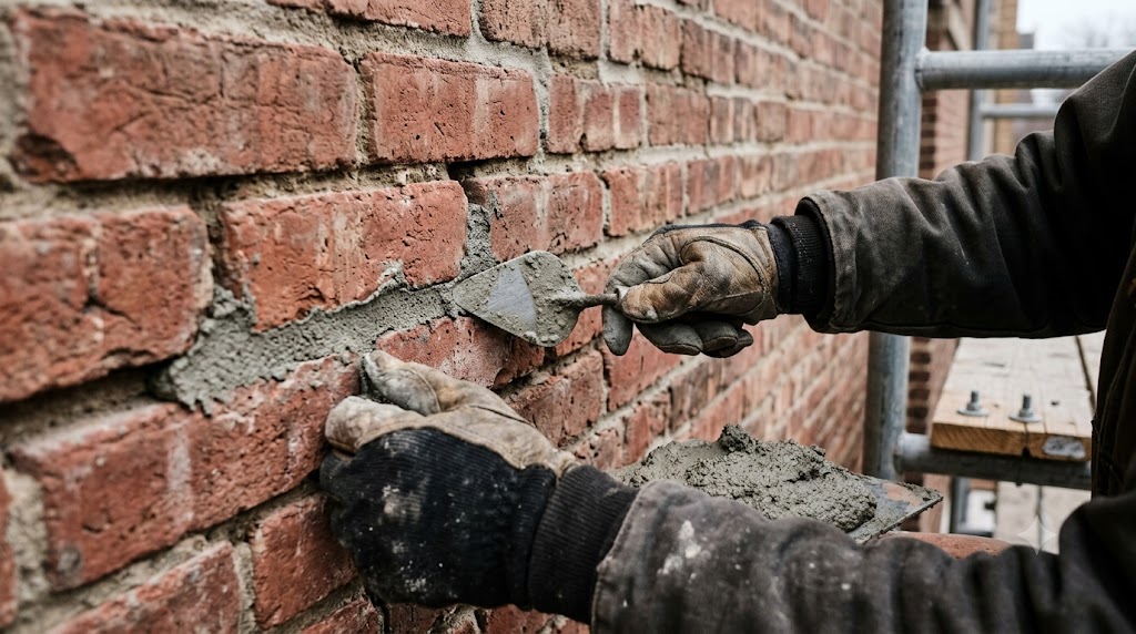Mason repointing lime mortar joints on a vintage brick two-flat in Lakeview Chicago