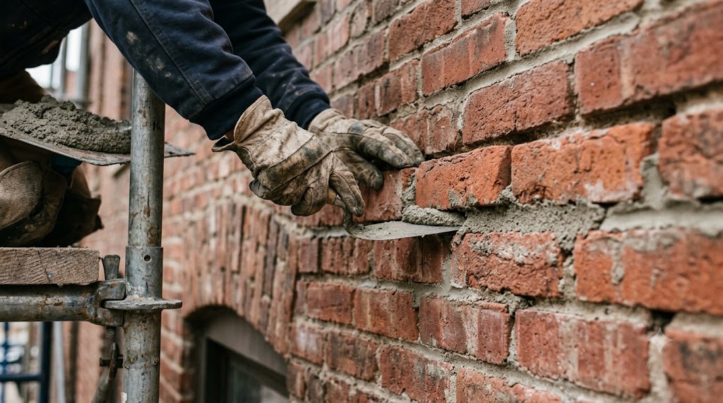Mason repointing lime mortar joints on a vintage brick two-flat in Wicker Park Chicago